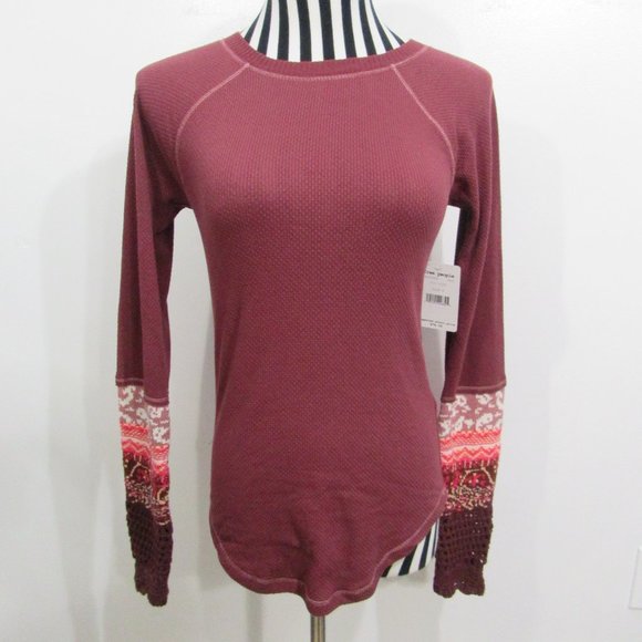 Free People Sweaters - Free People Thermal Knit Top Crochet Sleeves